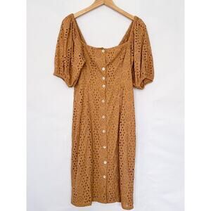 Cleobella Revolve Eyelet Button Front Cotton Dress Puff Sleeves Size Medium Tan